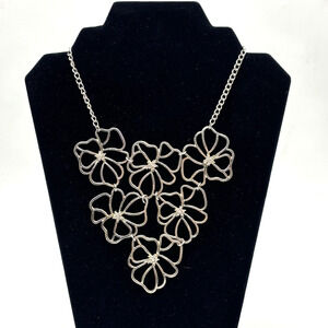 Vintage 00s Y2K Lydell NYC Silver-tone Rhinestone Cluster Floral Bib Necklace